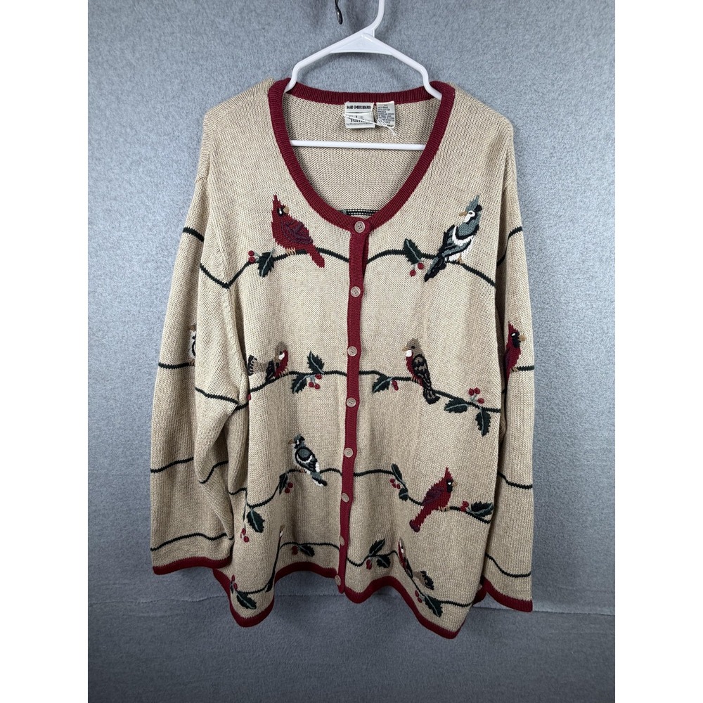 Vintage CJ Banks Sweater Womens 3X Beige Bird Embroidered Button Cardigan Y2K